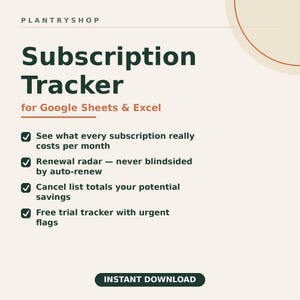 May include: A digital subscription tracker template for Google Sheets and Excel by PLANTRYSHOP. The text lists features including monthly cost tracking, renewal alerts, potential savings calculations, and a free trial tracker with urgent flags.