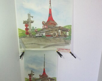 1 Large 20" x 15" and 1 Small 15" x 10" JAPANESE PRINTS Picture of Pagoda with Tall Spire & Building with Huge 3 Tier Lantern