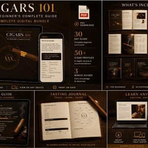 May include: Digital bundle "Cigars 101: The Beginner's Complete Guide." Includes a 30-day guide, 50+ cigar profiles, and 3 bonus guides. Features a tablet, smartphone, and cigars. Learn anytime, anywhere. Instant download.