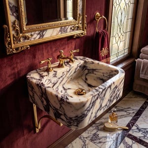 Umywalka z marmuru Calacatta Viola: ręcznie robiona umywalka z fioletowymi żyłkami