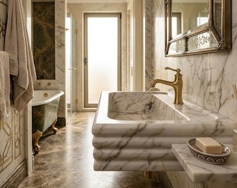 Calacatta Gold Marble Sink, Hand Carved (Wall Mounted, Small Bathroom)