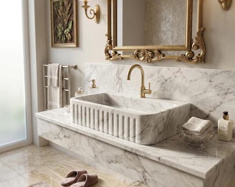 Carrara Marble Sink, Deep Rectangular Basin Rounded Corners (Custom Sizes Available)