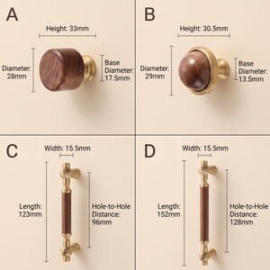 Pu&ograve; includere: Quattro opzioni di ferramenta per mobili etichettate A, B, C e D. A &egrave; un pomello cilindrico in legno con base in ottone. B &egrave; un pomello sferico in legno con bordo in ottone. C e D sono maniglie verticali in ottone con centro in legno e misure in mm.