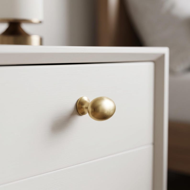 May include: A brushed gold, oval-shaped cabinet knob attached to a smooth, off-white drawer front. The hardware features a rounded, metallic surface with a soft satin finish, centred on the flat panel of the furniture piece.