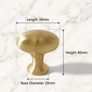 May include: A brushed gold cabinet knob with an oval top and a tapered base. The knob features technical labels indicating a length of 38mm, a height of 40mm, and a base diameter of 20mm, providing clear physical dimensions for the hardware piece.