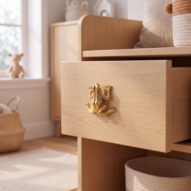 May include: A light-colored wooden drawer front featuring a metallic gold-toned frog-shaped handle. The drawer is partially open, revealing the smooth grain of the wood and the detailed, sculpted form of the frog hardware attached to the center.