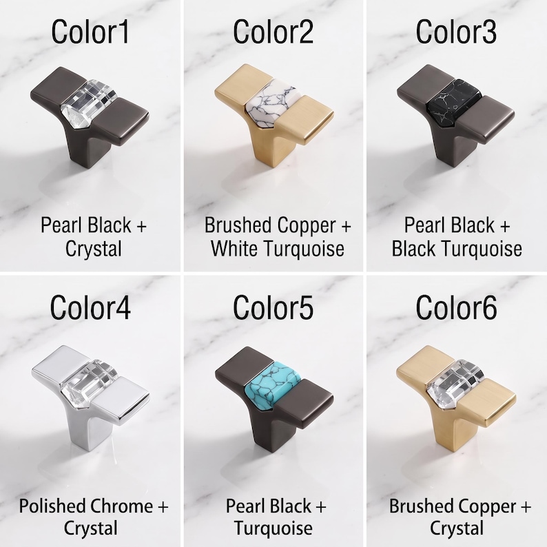 Peut inclure: Six boutons de placard en forme de T pr&eacute;sent&eacute;s en grille. Couleur 1 : Noir perl&eacute; et cristal. Couleur 2 : Cuivre bross&eacute; et turquoise blanche. Couleur 3 : Noir perl&eacute; et turquoise noire. Couleur 4 : Chrome poli et cristal. Couleur 5 : Noir perl&eacute; et turquoise. Couleur 6 : Cuivre bross&eacute; et cristal.