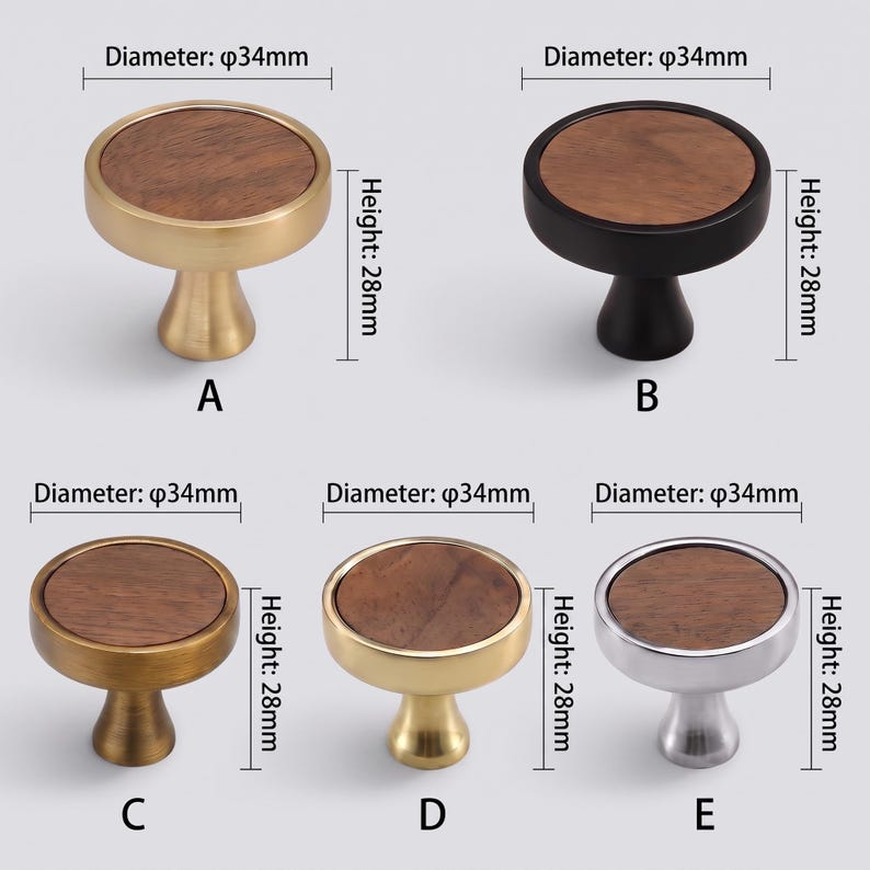 May include: Five round cabinet knobs labelled A to E, each featuring a circular wood grain inlay and a metal base. Each knob has a diameter of 34mm and a height of 28mm. The finishes include brushed gold, matte black, antique brass, polished gold, and silver.