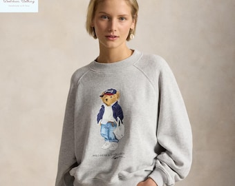 Sudadera Ralph Lauren Polo Bear gris, ligera, de forro polar, cuello redondo, suéter informal para el día a día.