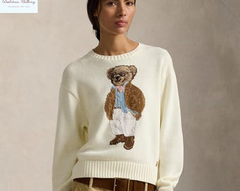 Original Ralph Lauren Polo Bear Sweater in Ivory Cream | Luxus Designer Strickpullover mit Rundhalsausschnitt