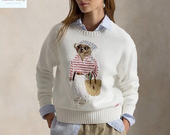 Polo Bear Sweater Outfit | Women’s White Knit Teddy Bear Jumper | Preppy Chic Crewneck