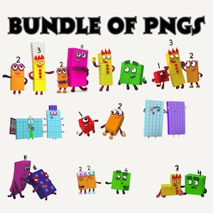 Könnte beinhalten: Eine digitale Sammlung von Numberblocks-Figuren in verschiedenen Farben und Formen, die jeweils Gesichtsausdrücke und Gliedmaßen aufweisen. Der Text BUNDLE OF PNGS steht oben in fetten schwarzen Buchstaben. Die Figuren sind in drei Reihen angeordnet.