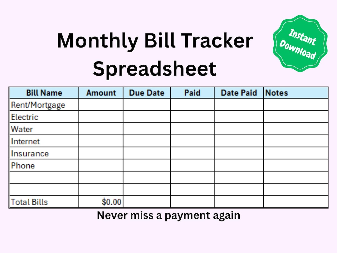 Monthly Bill Tracker Spreadsheet | Excel Payment Organizer (digital ...