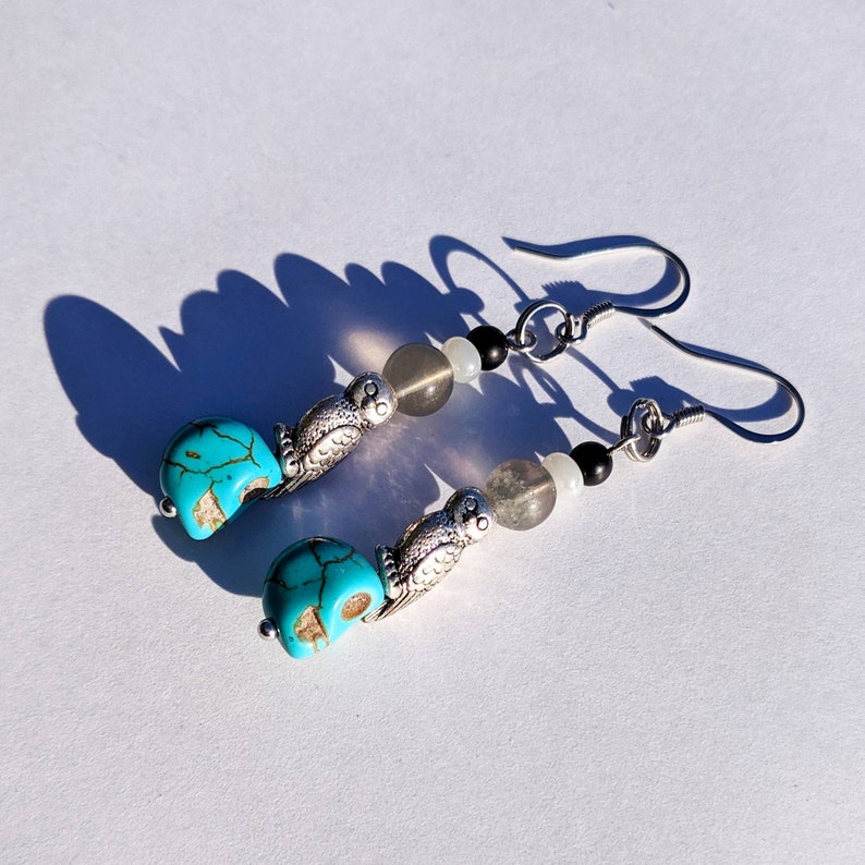 Genuine Fluorite and Onyx Stones with Owls /& Skulls Dangle Earrings Magical Witch Boho Wizard Accessories