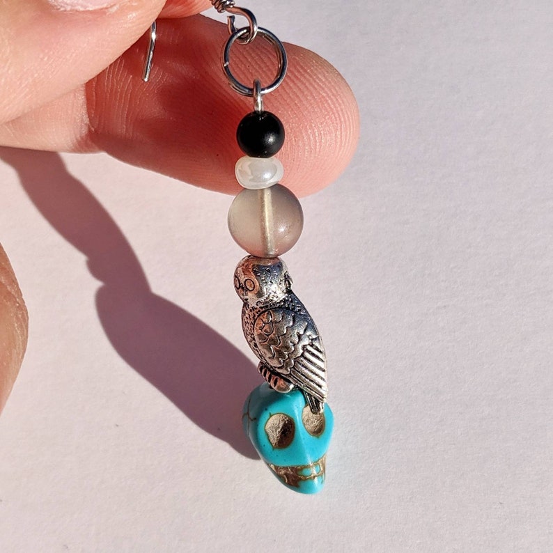 Genuine Fluorite and Onyx Stones with Owls /& Skulls Dangle Earrings Magical Witch Boho Wizard Accessories