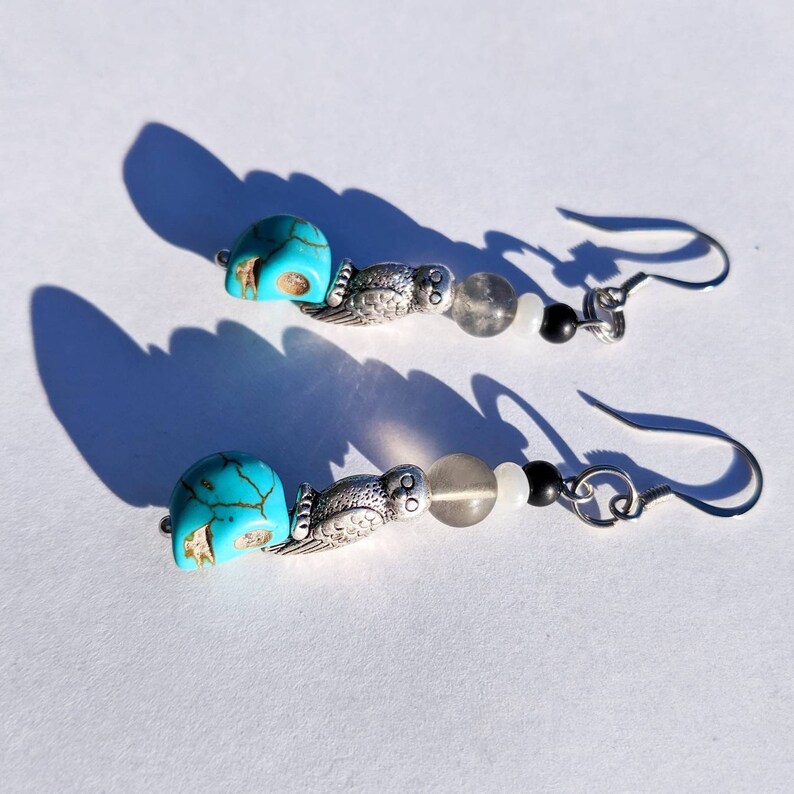 Genuine Fluorite and Onyx Stones with Owls /& Skulls Dangle Earrings Magical Witch Boho Wizard Accessories