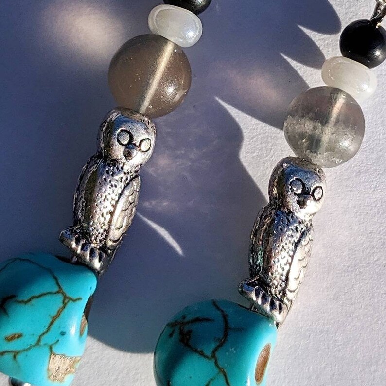 Genuine Fluorite and Onyx Stones with Owls /& Skulls Dangle Earrings Magical Witch Boho Wizard Accessories