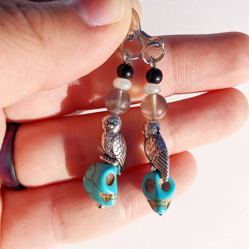 Genuine Fluorite and Onyx Stones with Owls /& Skulls Dangle Earrings Magical Witch Boho Wizard Accessories