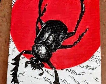 Scarab Beetle & Sun Black and Red Original Pen Drawing Small Artwork Mini Art