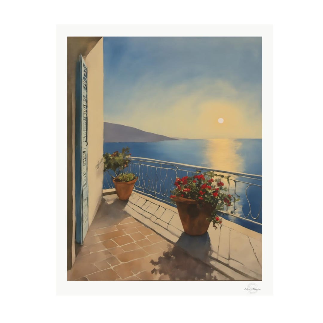 Sunset Terrace Art Print, Mediterranean Sea View Digital Download ...