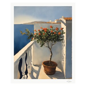 Lámina artística para balcón en azotea, descarga digital de geranios rojos, decoración de pared para terraza costera.