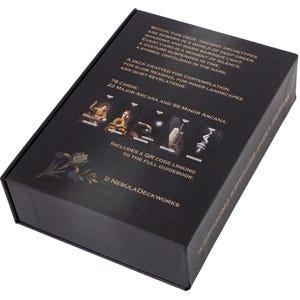 May include: A black rectangular box with gold text and images. The box contains a deck of cards with 78 cards, including 22 Major Arcana and 56 Minor Arcana. The box includes a QR code linking to the full guidebook. The brand name is Nebula Deckworks.