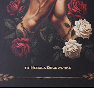 May include: A dark box with an artistic illustration of two arms intertwined, encircled by a thorny vine, surrounded by red and white roses. The text "BY NEBULA DECKWORKS" is displayed in gold lettering.