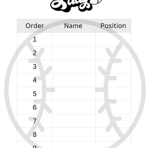 Peut inclure: Un tableau blanc sur le thème du baseball avec les mots "Game Day" dans une police stylisée en haut. Le tableau comprend des colonnes pour "Order", "Name" et "Position", avec des rangées numérotées pour les entrées de l'alignement de l'équipe. Un contour de baseball est en arrière-plan.