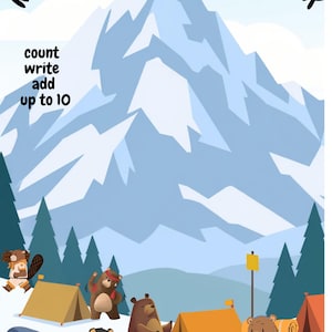 May include: A children's math workbook titled "My Beary First Math Workbook." The cover features cartoon bears camping in a snowy mountain scene. The workbook teaches counting, writing, and addition up to 10.