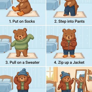 May include: A six-panel illustration shows a bear cub getting dressed. The bear puts on socks, pants, a sweater, a jacket, and a hat. The text reads: "1. Put on Socks", "2. Step into Pants", "3. Pull on a Sweater", "4. Zip up a Jacket", "5. Put on a Hat", and "6. Ready for the Day!"