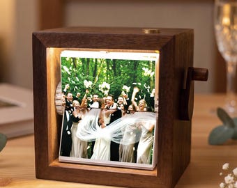 Personalized Wooden Flipbook Photo Box, Scrolling Memories Display with Light, Anniversary Keepsake