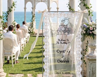 Custom Sheer Lace Wedding Welcome Sign, Romantic Entrance Decor, Ethereal Fabric Backdrop with Ribbon