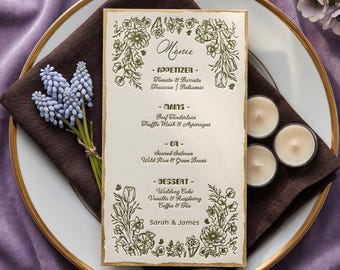 Personalized Letterpress Wedding Menu, Cotton Paper, Luxury Custom Dinner Menu, Bridal Shower & Reception Stationery