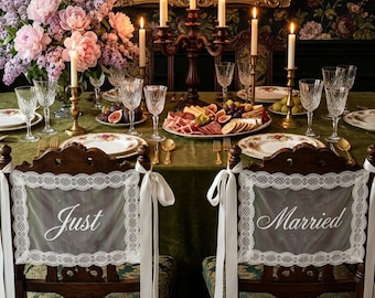 Personalized Lace Wedding Chair Signs, Vintage Organza Banners, Bride Groom Decor