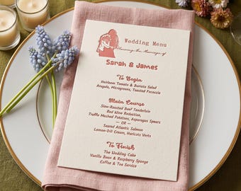 Menú de boda personalizado impreso en tipografía, menú de cena de lujo en algodón, papelería para despedida de soltera y recepción.