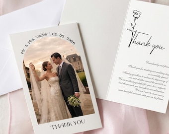 Personalized Wedding Thank You Cards With Photo | Folded Photo Thank You Note Cards | Modern Romantic Stationery Suite, Includes envelopes