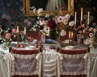 Personalized Vintage Sheer Lace "Just Married" Chair Signs, Mr & Mrs Banners with Ribbons, Sweetheart Table Decor