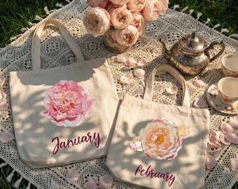 Custom Birth Flower Tote Bag – Watercolor Botanical Canvas Everyday Essential, Pressed Flower Resin Charms