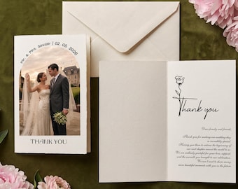 Personalized Wedding Thank You Cards With Photo | Folded Photo Thank You Note Cards | Modern Romantic Stationery Suite, Includes envelopes