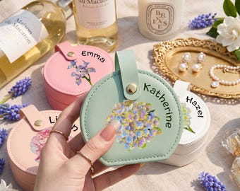 Personalized Birth Flower Jewelry Box with Name | Travel Leather Case with Handle, Botanical Design for Rings, Earrings | Bridesmaid Gift