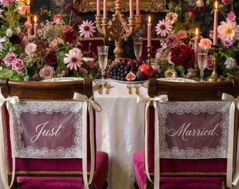 Personalized Lace Organza Chair Signs, Just Married Wedding Decor, Vintage Romantic Banners