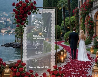 Custom Sheer Lace Welcome Sign for Vintage Wedding, Fabric Reception Signs, Outdoor Wedding Banner