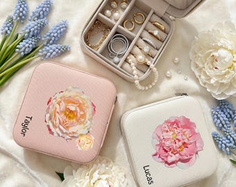 Personalized Floral Travel Jewelry Box | Custom Name Leather Case, Bridesmaid Gift