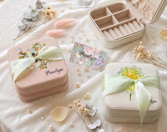Personalized Floral Travel Jewelry Box with Ribbon | Custom Name Leather Case, Bridesmaid Gift