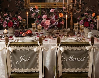 Vintage Lace "Just Married" Chair Signs, Wedding Banners, Sheer Tulle Sweetheart Table Decor