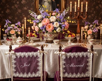 Personalized Just Married Chair Signs, Sheer Lace Banners, Mr & Mrs Covers, Vintage Wedding Decor