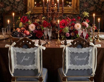 Vintage Sheer Lace Just Married Chair Signs for Wedding, Mr & Mrs Banners, Sweetheart Table Decor
