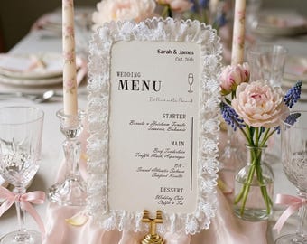 Personalized Lace Wedding Menu, Letterpress Cotton Dinner Menu, Bridal Shower & Reception Stationery