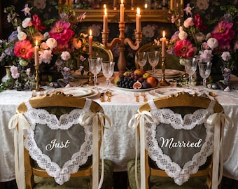 Personalized Lace Wedding Chair Signs, Vintage Organza Banners, Bride Groom Sweetheart Table Decor