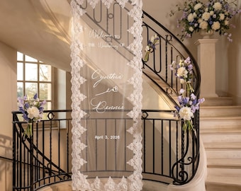 Custom Sheer Lace Wedding Welcome Sign, Romantic Tulle Ceremony Décor, Romantic Reception Banner